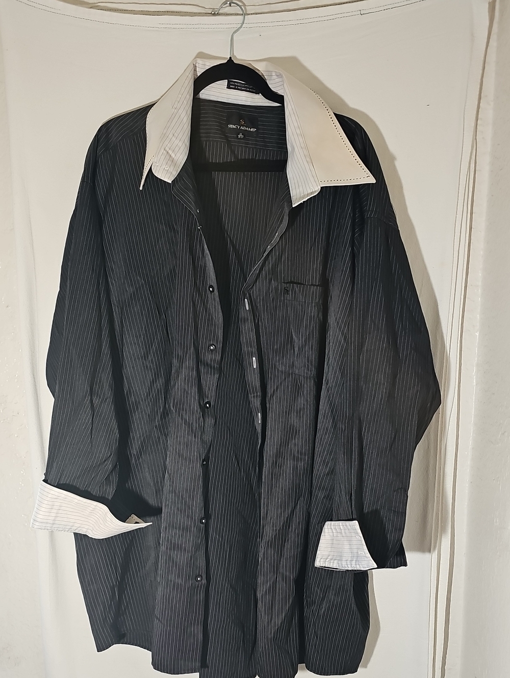Stacy Adams Black Pinstripe Shirt with White Contrast Collar